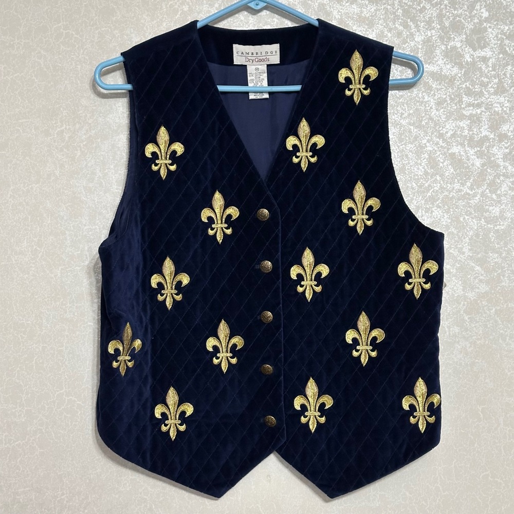 Cambridge Dry Goods Fleur-de-lis Vest 100% Cotton Velvet Navy Blue VTG NWT Sz M